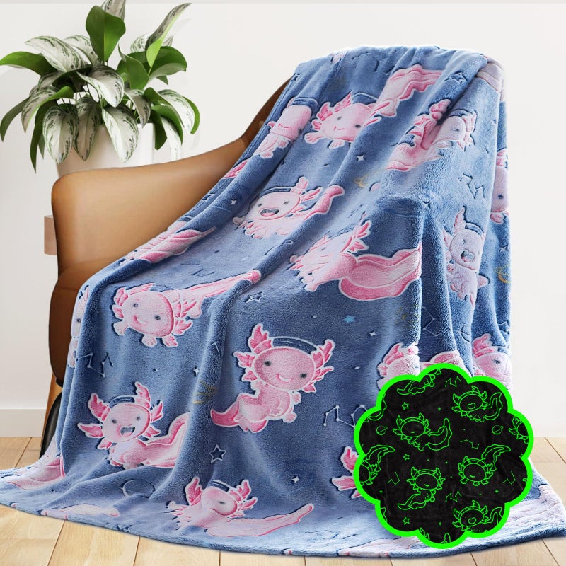 GEULAY Axolotl Blanket Glow in The Dark for Girls, Axolotl Gifts Toys for Kids Teens Girls Easter, Soft Cozy Plush Fleece Throw Blankets for Couch Bed Travel, Graduation Room Decor, Birthday Gifts 50x60inch - Image 1