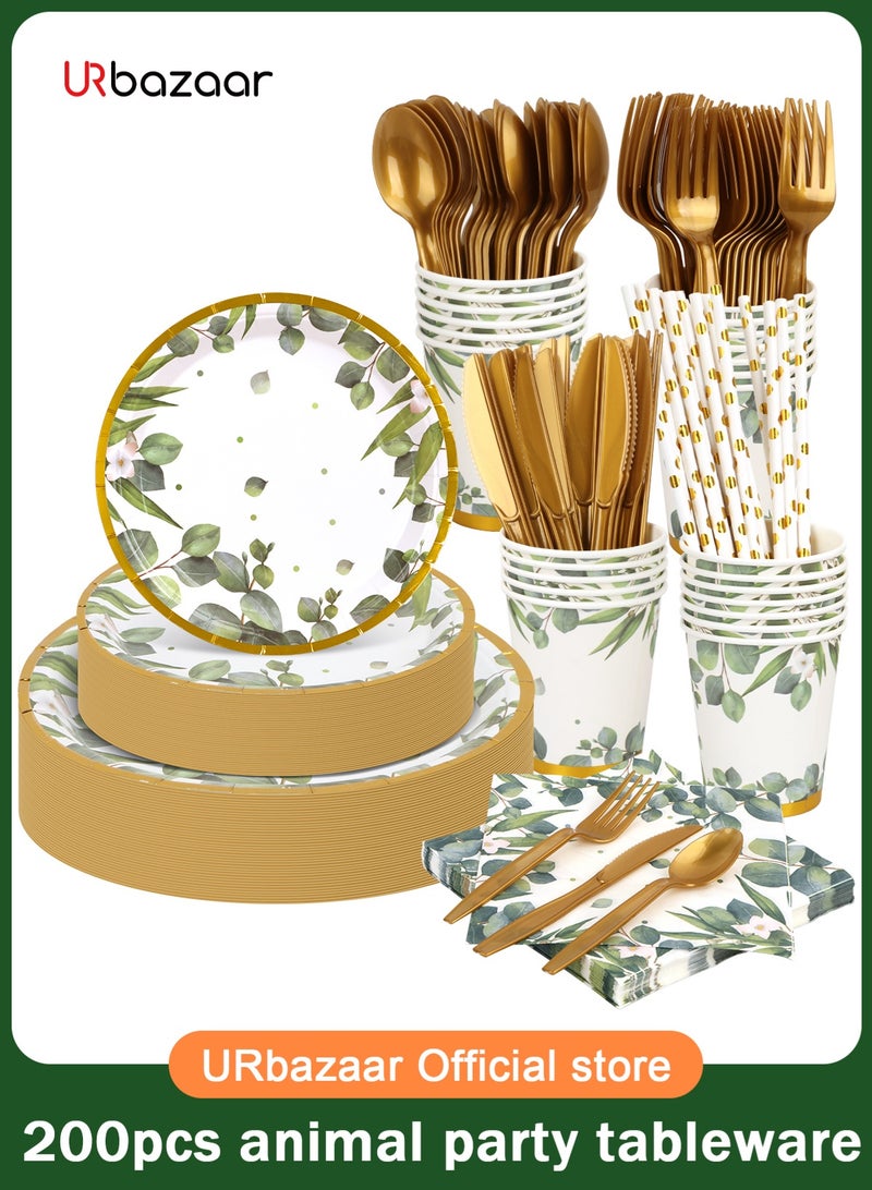 URbazaar 200 Pcs Plates and Napkins, Guest Spring Party Supplies Include Scalloped Paper Plates Napkins Cups Plastic Spoons Forks Knives Disposable Tableware Set for Baby Shower  - Image 1
