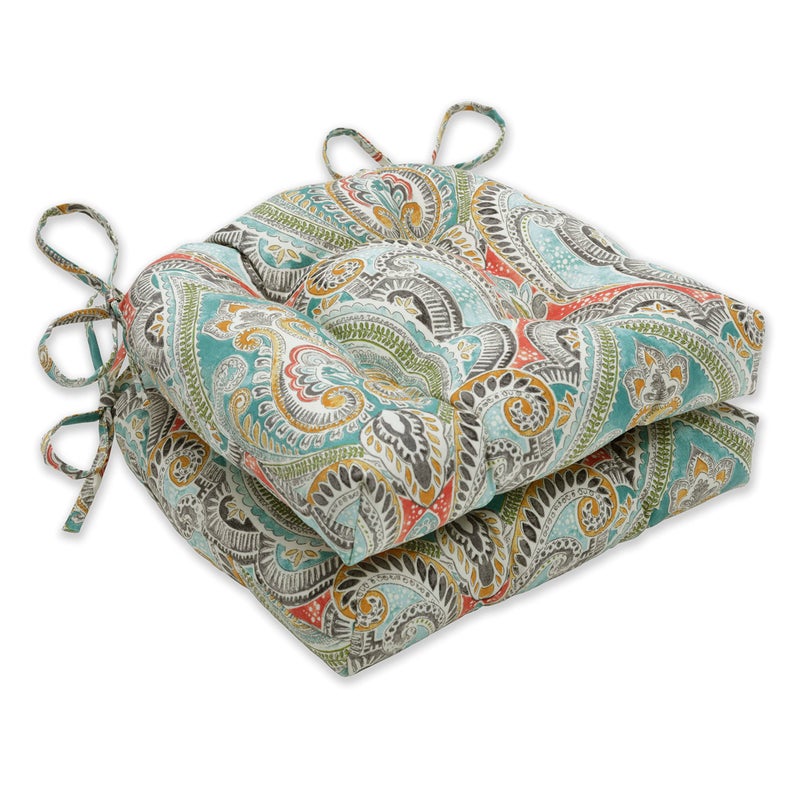 Pillow Perfect Paisley IndoorOutdoor Chairpad with Ties Reversible Tufted Weather and Fade Resistant 155 x 16 BlueMulti Pretty 2 Count
