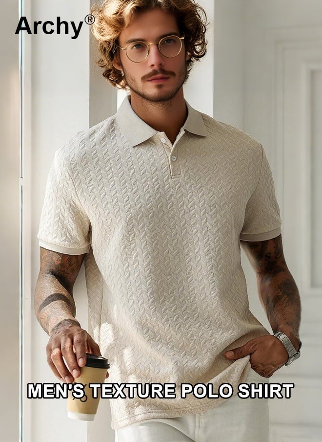 Archy Men's Casual Short-Sleeve Polo Shirt - Breathable Geometric Knit Fabric with Button Placket, Regular Fit for Daily Wear & Smart Casual Occasions - Image 3