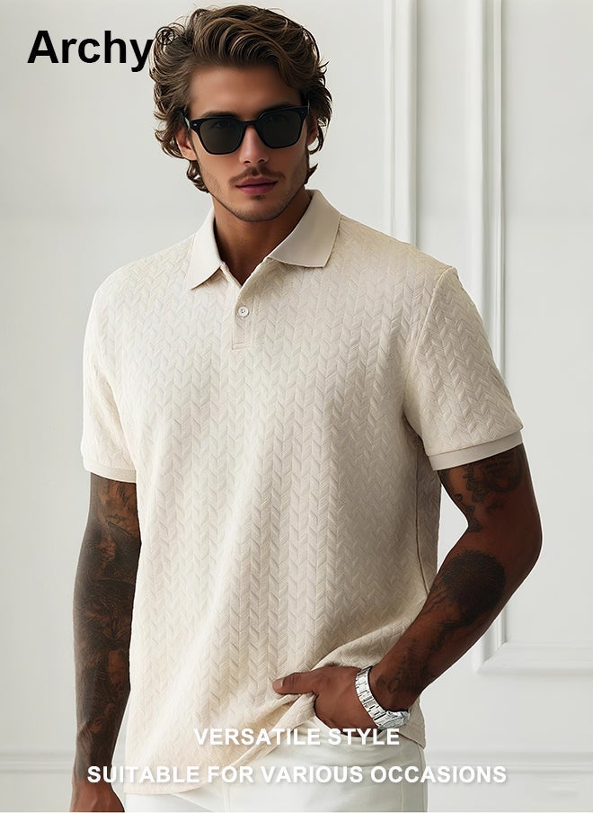 Archy Men's Casual Short-Sleeve Polo Shirt - Breathable Geometric Knit Fabric with Button Placket, Regular Fit for Daily Wear & Smart Casual Occasions - Image 2