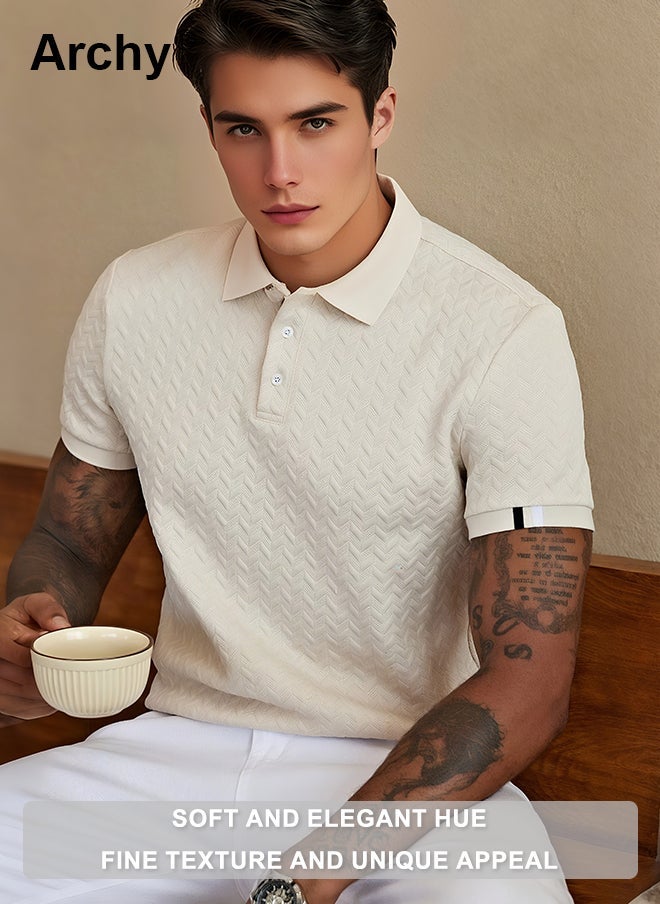 Archy Men's Casual Short-Sleeve Polo Shirt - Breathable Geometric Knit Fabric with Button Placket, Regular Fit for Daily Wear & Smart Casual Occasions - Image 1