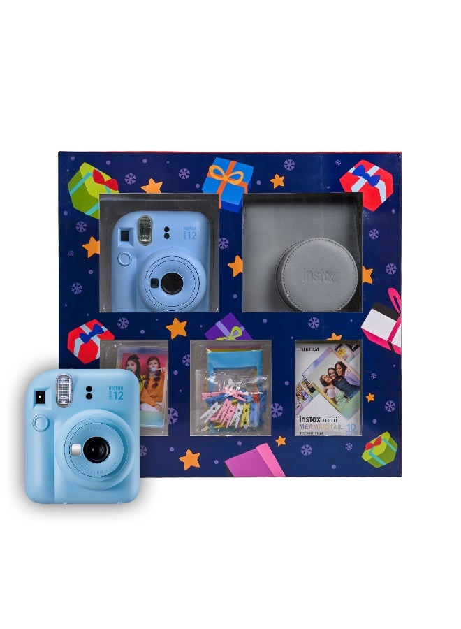 Instax Mini 12 Christmas Gift Box – Blue Instant Mini 12 Camera with Gray Case, Mermaid Mini Film, Photo Frame, Pegs and Batteries – Perfect Christmas Gift for Kids, Teens, and Adults - Image 1