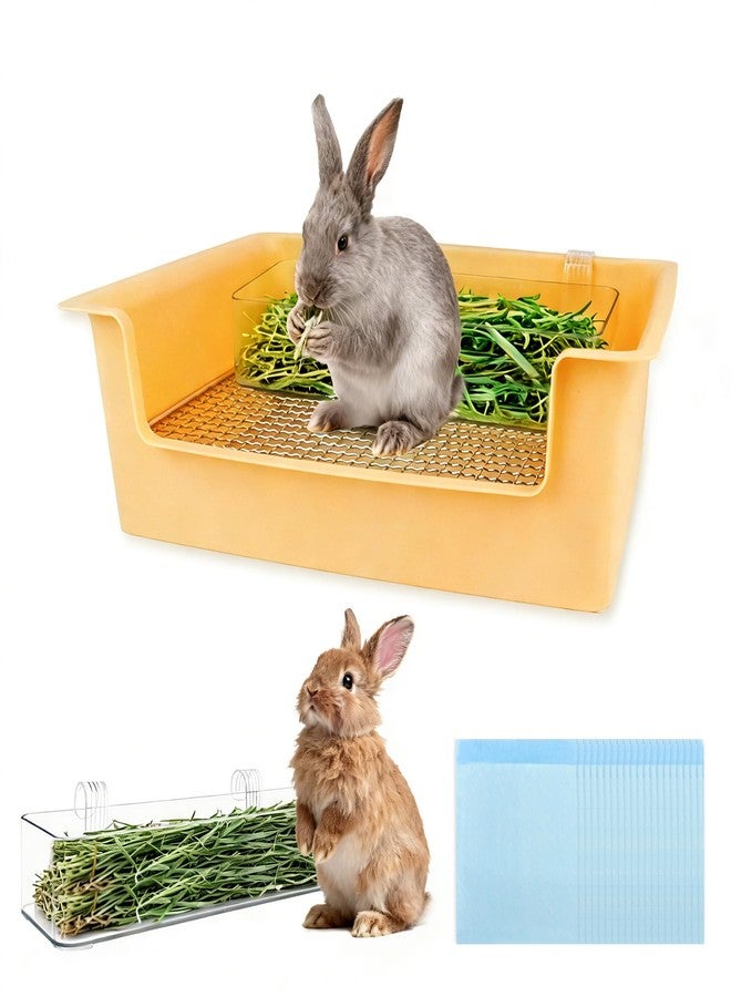 Dmnnlp Stainless Steel Gird Rabbit Litter Box, Bunny Litter Pan with Hay Feeder & 20Pcs Disposable Pee Pads, Corner Potty Tray for Small Animals Rabbits Guinea Pigs Ferrets (15.4x11.2x4.8 inch) - Image 1