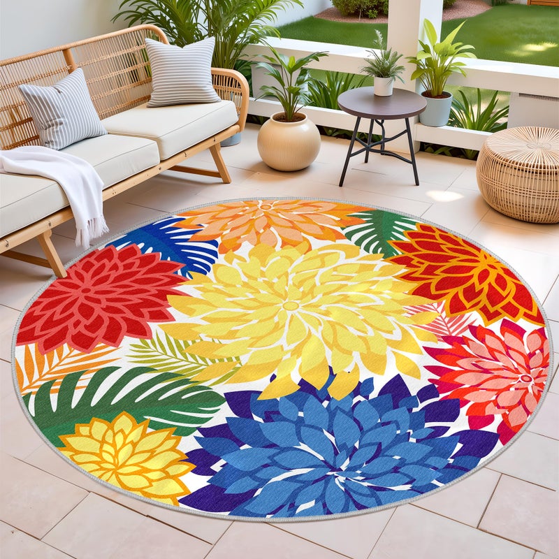 Arenarug Colorful 6FT Outdoor Round Area Rug Washable Rugs Multicolored Patio Rug Tropical Botanical Floral Chenille Waterproof Outdoor Carpet for RV, Pool Deck, Backyard, Porch, Rainbow - Image 3