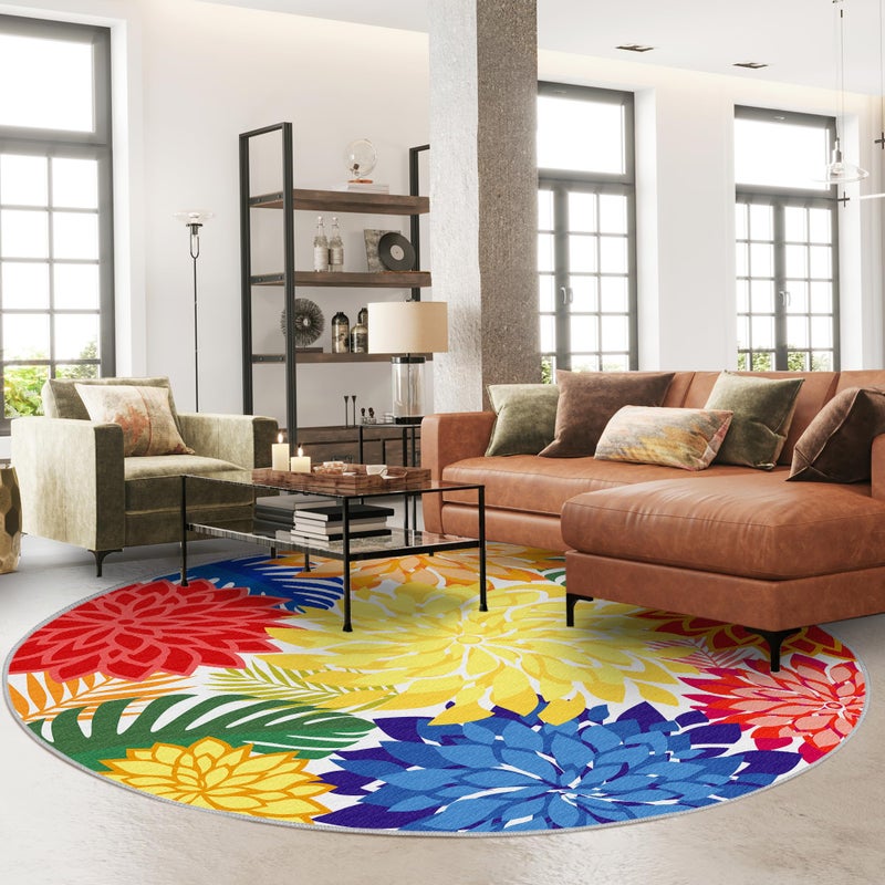 Arenarug Colorful 6FT Outdoor Round Area Rug Washable Rugs Multicolored Patio Rug Tropical Botanical Floral Chenille Waterproof Outdoor Carpet for RV, Pool Deck, Backyard, Porch, Rainbow - Image 2