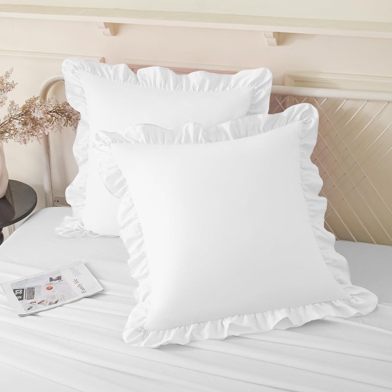 KKJIAF Ruffle Pillow Cases 24x24 Inches, White Square Ruffled Pillow Covers Set of 2, Microfiber Wrinkle Resistant Pillow Shams with Envelope Closure for Sofa Bed Living Room - Image 1