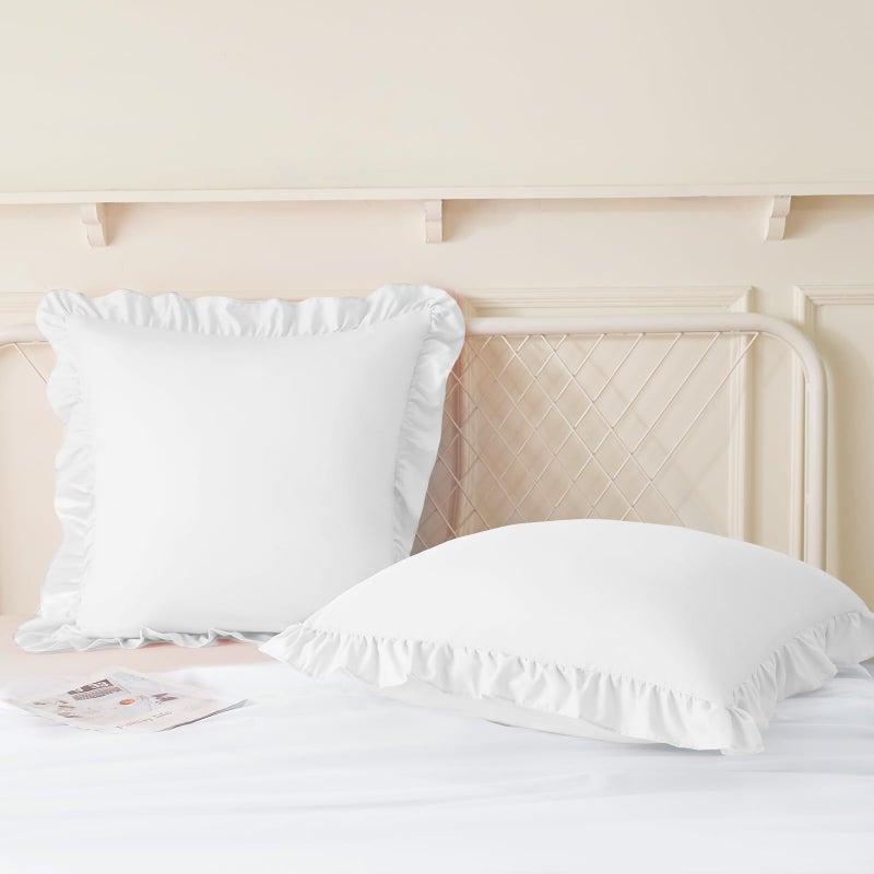 KKJIAF Ruffle Pillow Cases 24x24 Inches, White Square Ruffled Pillow Covers Set of 2, Microfiber Wrinkle Resistant Pillow Shams with Envelope Closure for Sofa Bed Living Room - Image 4