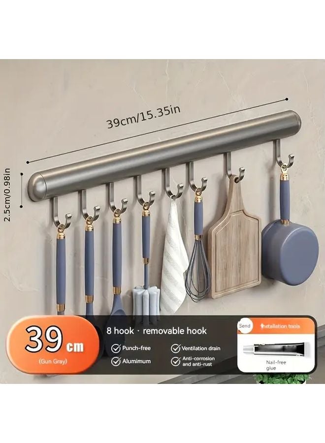 Gray 8 Hooks Aluminum Punchless Wall Mounted Rack 39CM Towel Spatula Hanger - Image 1