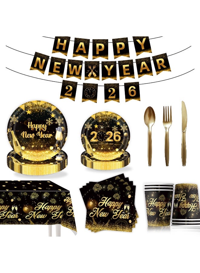82 PCS Happy New Year Plates and Napkins Dinnerware Set, Disposable Black Gold New Years Tableware Includes Plates,Napkins,Cups,Tablecloth ,Banner, forks, knives and spoons for New Years Eve Party Supplies 2026 - Image 1