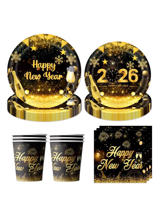 82 PCS Happy New Year Plates and Napkins Dinnerware Set, Disposable Black Gold New Years Tableware Includes Plates,Napkins,Cups,Tablecloth ,Banner, forks, knives and spoons for New Years Eve Party Supplies 2026 - Image 2