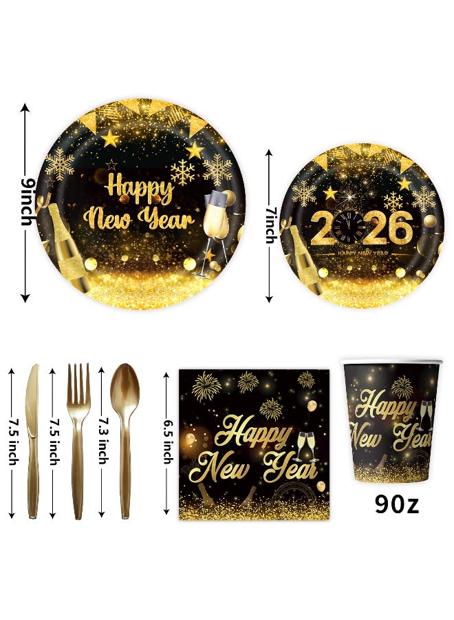 82 PCS Happy New Year Plates and Napkins Dinnerware Set, Disposable Black Gold New Years Tableware Includes Plates,Napkins,Cups,Tablecloth ,Banner, forks, knives and spoons for New Years Eve Party Supplies 2026 - Image 4