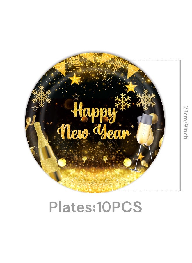 82 PCS Happy New Year Plates and Napkins Dinnerware Set, Disposable Black Gold New Years Tableware Includes Plates,Napkins,Cups,Tablecloth ,Banner, forks, knives and spoons for New Years Eve Party Supplies 2026 - Image 5