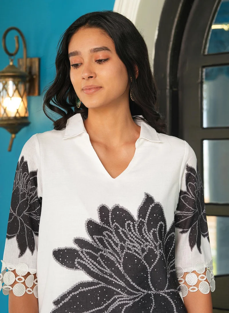 QISSA Women's Daisy White Dahlia Imprint Kurta Set