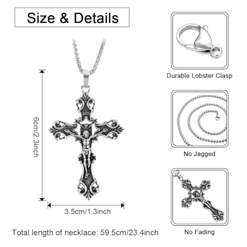 GUSTAVE® Gothic Cross Necklace for Men Women Punk Metal 3D Embossed Cross Pendant Stainless Steel Chain Necklace - Image 3