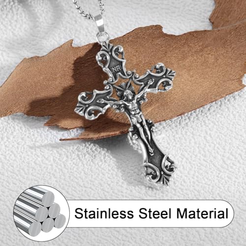 GUSTAVE® Gothic Cross Necklace for Men Women Punk Metal 3D Embossed Cross Pendant Stainless Steel Chain Necklace - Image 4