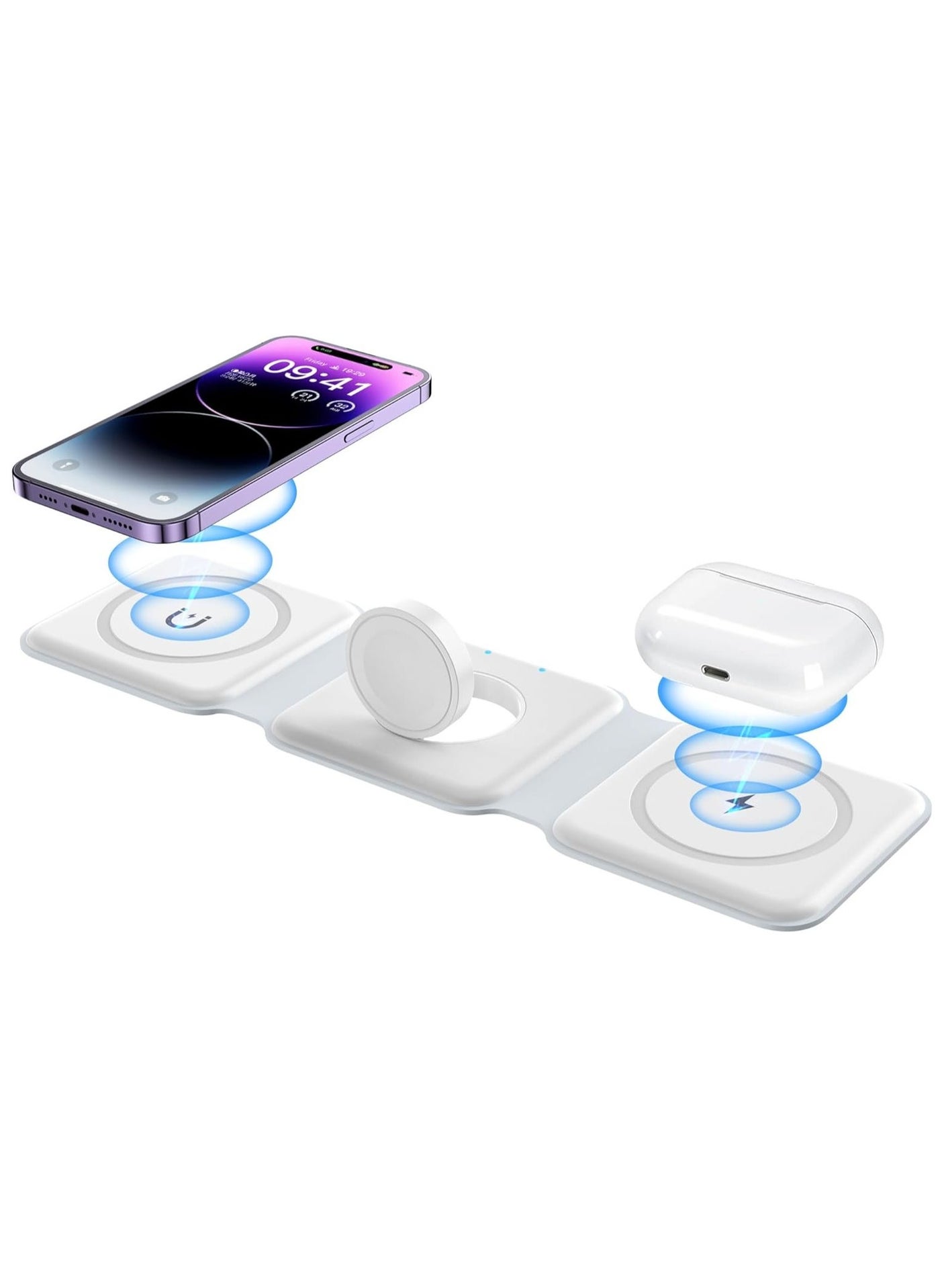 Wireless Charger 3-in-1 Magnetic Foldable Charging Station | Fast Wireless Charging for iPhone 13/12/11 Pro Max/X/Xs Max/8/8 Plus, AirPods 3/2/Pro, iWatch Series 7/6/5/SE/4/3/2, Samsung Phones (White), USB-C