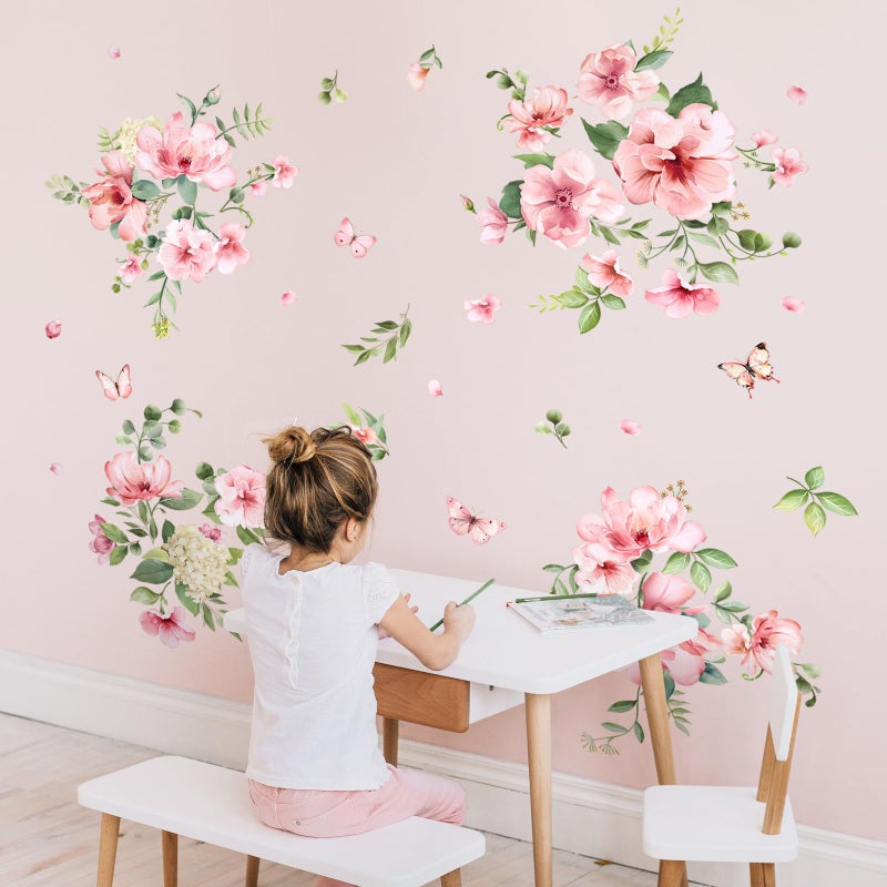Decvictor Pink Flower Wall Stickers, Spring Garden Floral Wall Decals 10 Sheets DIY Peel and Stick Wall Decal Self Adhesive Wall Art Decor for Bedroom Sofa Backdrop Cabinets Drawers - Image 4