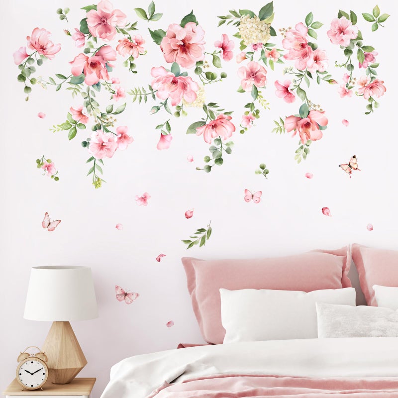 Decvictor Pink Flower Wall Stickers, Spring Garden Floral Wall Decals 10 Sheets DIY Peel and Stick Wall Decal Self Adhesive Wall Art Decor for Bedroom Sofa Backdrop Cabinets Drawers - Image 1