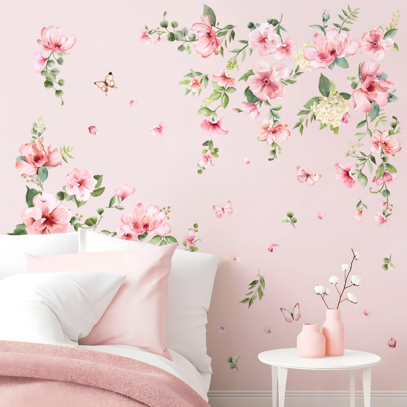 Decvictor Pink Flower Wall Stickers, Spring Garden Floral Wall Decals 10 Sheets DIY Peel and Stick Wall Decal Self Adhesive Wall Art Decor for Bedroom Sofa Backdrop Cabinets Drawers - Image 2