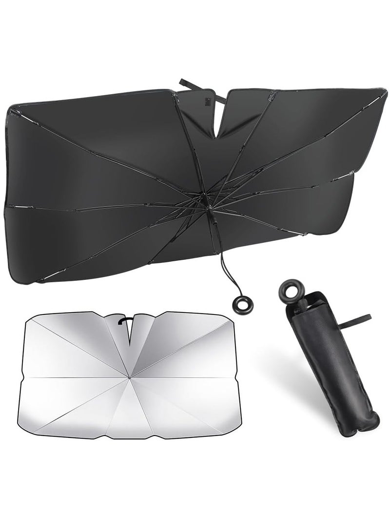 Altheqa Car Sun Shade Pull ring type for Car Front Windshield Blocks UV Rays Sun Visor Protector Titanium silver umbrella Foldable Sunshade Car Cover (Small) - Image 1