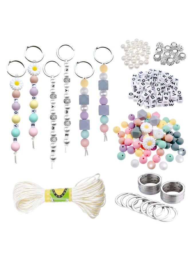 TAMDESG 418 Pcs DIY Bead Keychain Supplies Keychain Making Craft Alphabet Pearl Daisy Silicone Beads Rhinestones Jewelry Key Ring Phone Accessories Backpack Accessories Gifts for Friends Coworker Sister Mom - Image 1