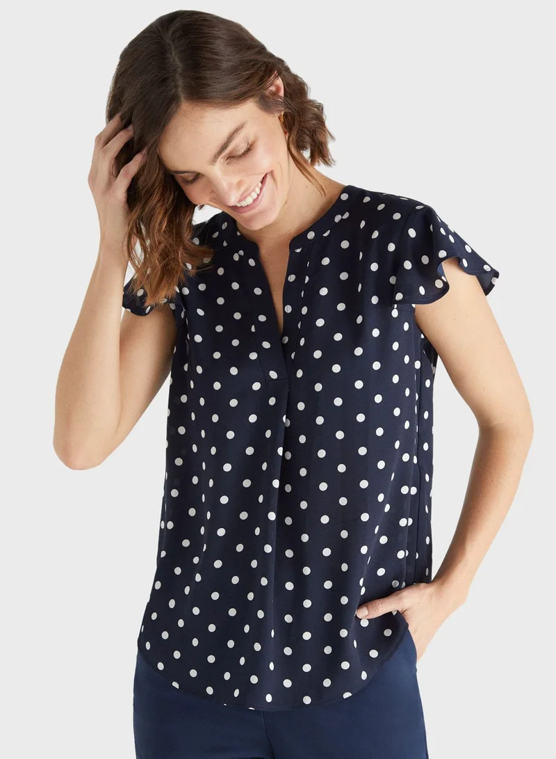 CORTEFIEL Polka Dot Flutter Sleeve Top