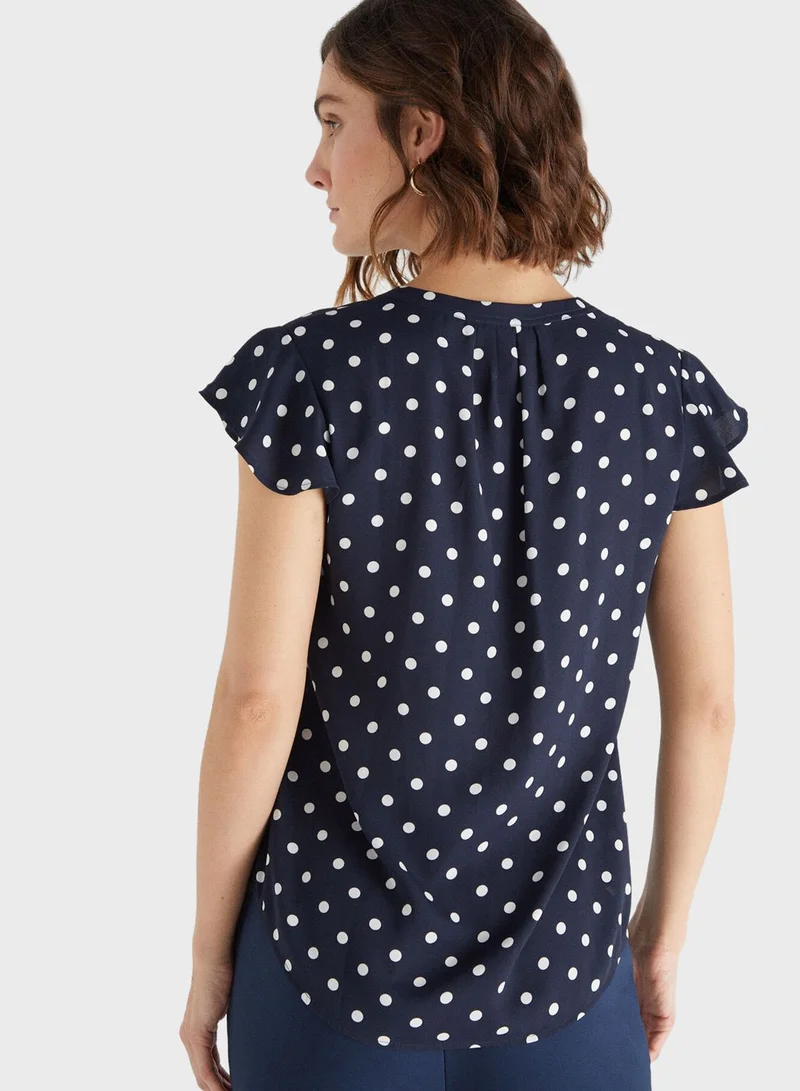 CORTEFIEL Polka Dot Flutter Sleeve Top