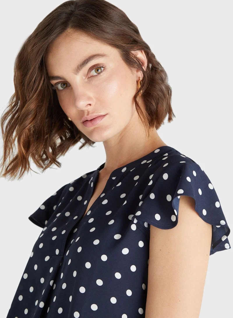 CORTEFIEL Polka Dot Flutter Sleeve Top