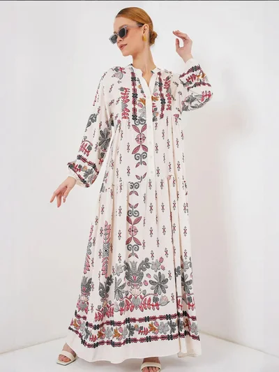 BIG DART BDART Patterned V-Neck Maxi Dress with Button Closure