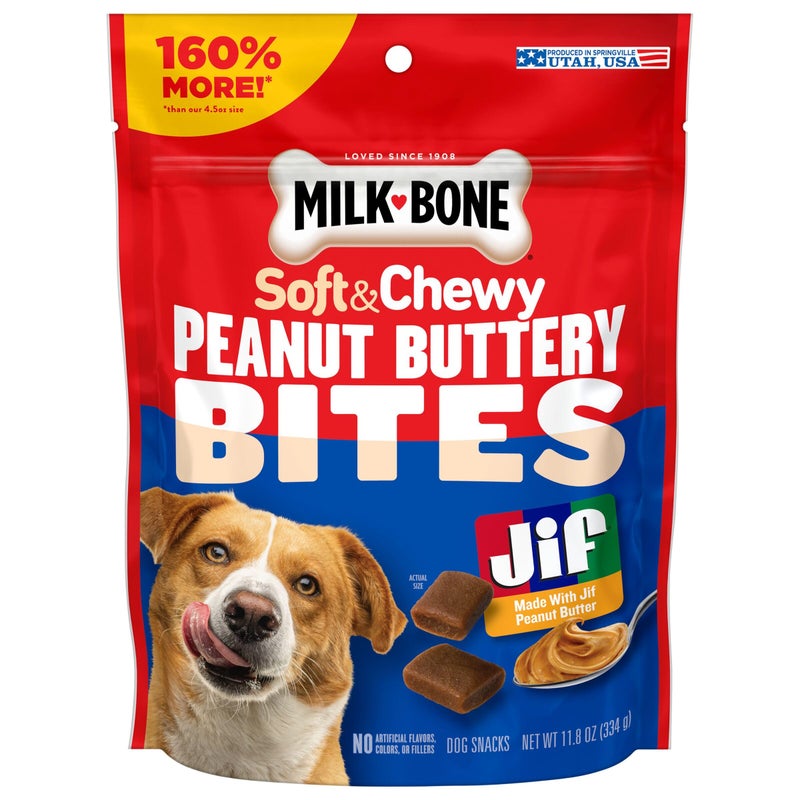 Milk-Bone Peanut Buttery Bites, Soft Dog Treats with Jif Peanut Butter & Real Bacon, 11.8 Oz. Bags - Image 1