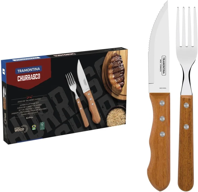 ترامونتينا Dynamic Barbecue 12-Piece Set with Stainless Steel Blades and Natural Wooden Handles