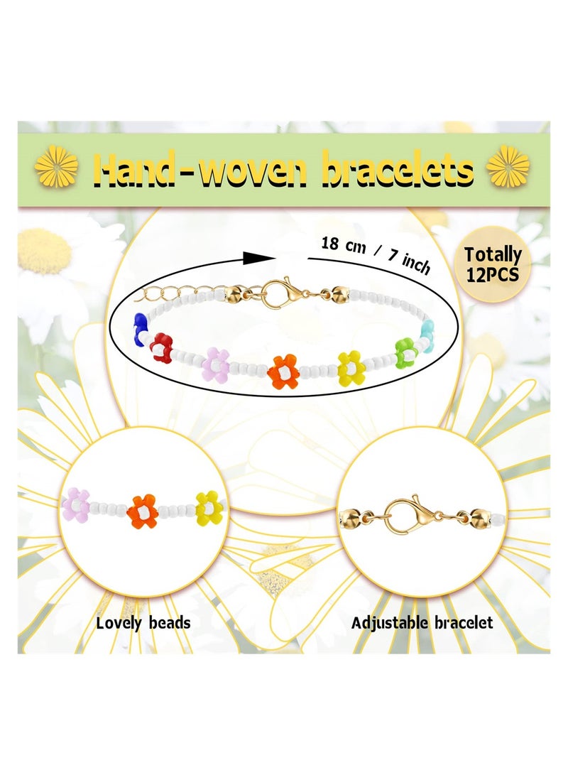 Excefore Hand Braided Bracelet Set, 12 Pcs Colorful Daisy Flower Bracelets, Handmade Flower Bracelets, Adjustable Flower Girl Summer Bracelet Anklet for Women, Girls, Aesthetic Summer Accessories - Image 4