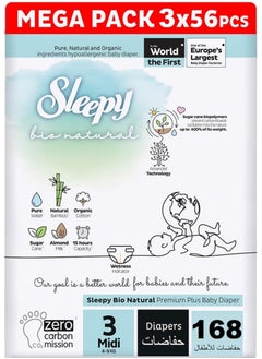 Sleepy Bio Natural Premium Size 3 Diapers 168 Count 2-5Kg Hypoallergenic Water Based  Almond Milk  Vegan  100% Leakproof