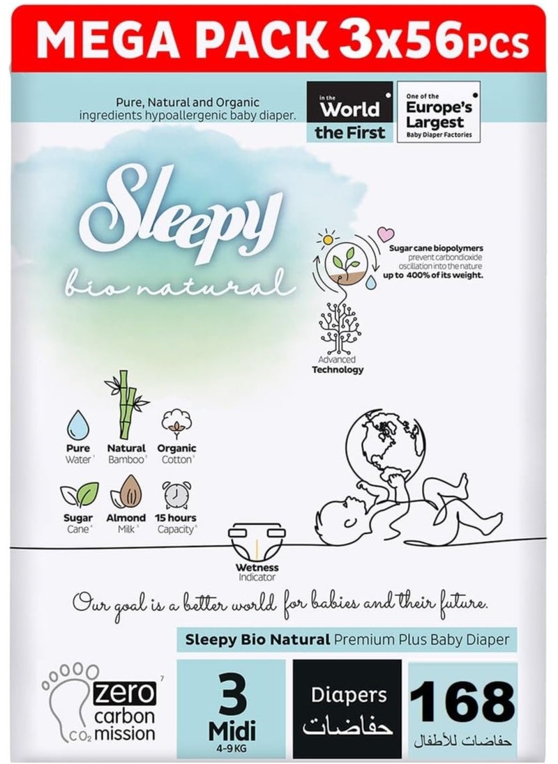 Sleepy - Sleepy Bio Natural Premium Size 3 Diapers 168 Count 2-5Kg Hypoallergenic Water Based  Almond Milk  Vegan  100% Leakproof - Image 1