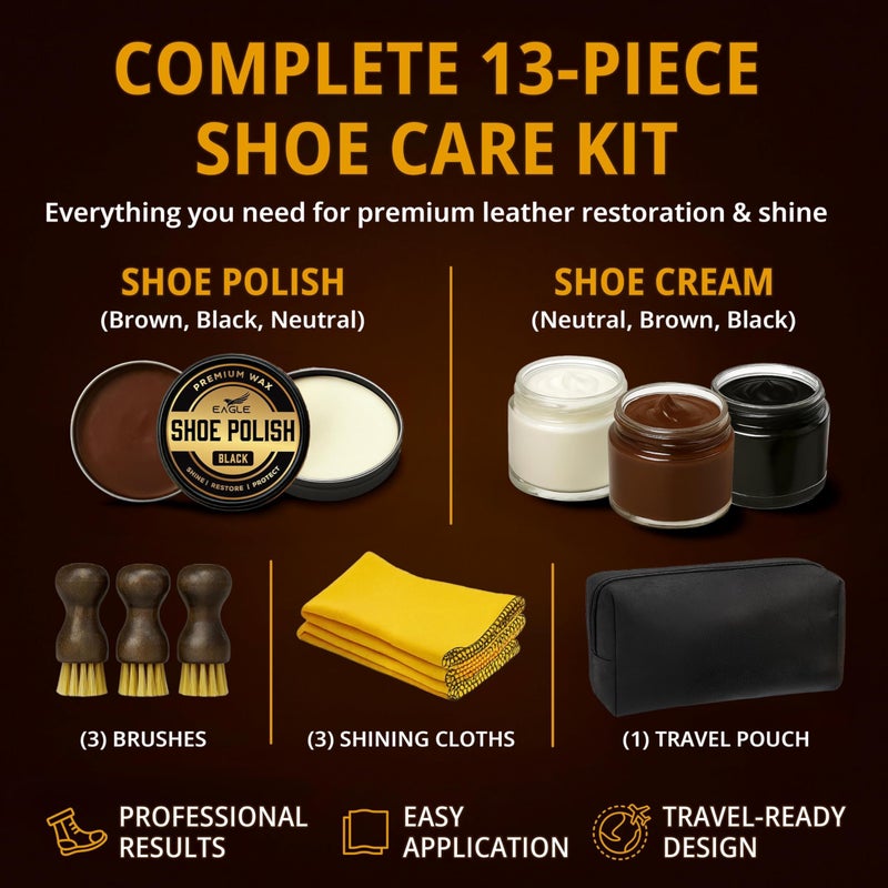 Eagle 13-Piece Shoe Polish Kit â€“ Black, Brown & Neutral Shoe Wax & Boot Cream with Dauber Brushes and Shine Cloths â€“ Leather Shoe Shine & Care Kit - Image 2