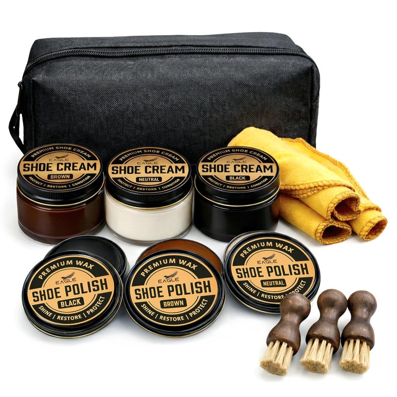 Eagle 13-Piece Shoe Polish Kit â€“ Black, Brown & Neutral Shoe Wax & Boot Cream with Dauber Brushes and Shine Cloths â€“ Leather Shoe Shine & Care Kit - Image 1