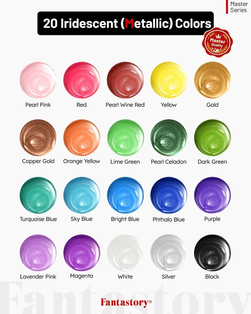 Fantastory Metallic Iridescent Acrylic Paint Set with 12 Brushes, 20 x 2oz Metallic Colors, Color-Shifting, Craft Paint Kit, Metal/Canvas/Rock/Stone/Ceramic/Model/Wood Painting [Professional Series] - Image 2