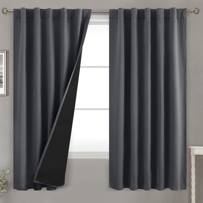 BGment 100 Grey Blackout Curtains for Bedroom 63 Inches Long Double Layer Room Darkening Thermal Insulated Curtains with Liner Rod Pocket and Back Tab Panels42 x 63 Inch 2 Panels Dark Grey