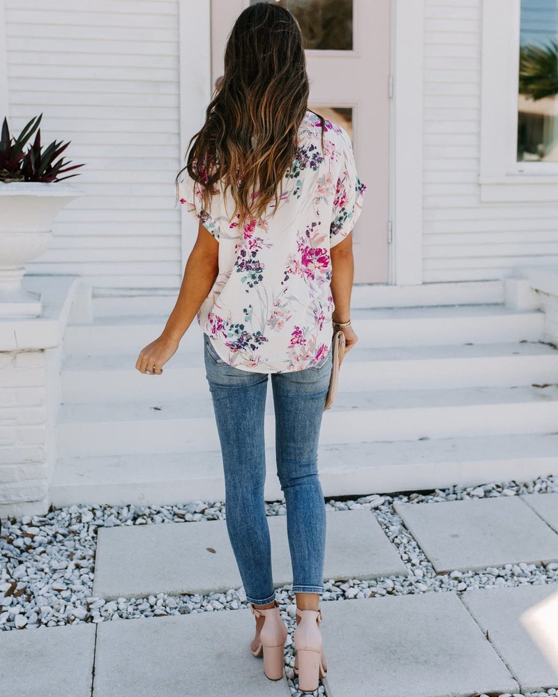 ANCAPELION Women’s Summer Chiffon Blouse Casual Short Sleeve V Neck Shirt Loose Printed Cuffed Sleeve Tunic Tops for Women White Printed X-Large - Image 2