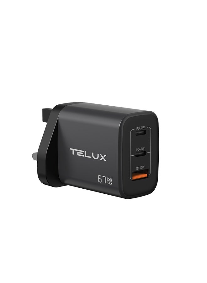 TELUX VOLTFLOW 67W GaN Type-C Wall Charger, 3-Port Charging for Laptop, Tablet & Mobile, Overcharge & Short Circuit Protection, Compact & Universal Compatibility, Black - Image 1