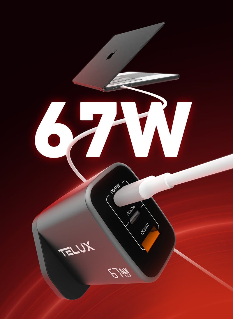 TELUX VOLTFLOW 67W GaN Type-C Wall Charger, 3-Port Charging for Laptop, Tablet & Mobile, Overcharge & Short Circuit Protection, Compact & Universal Compatibility, Black - Image 2