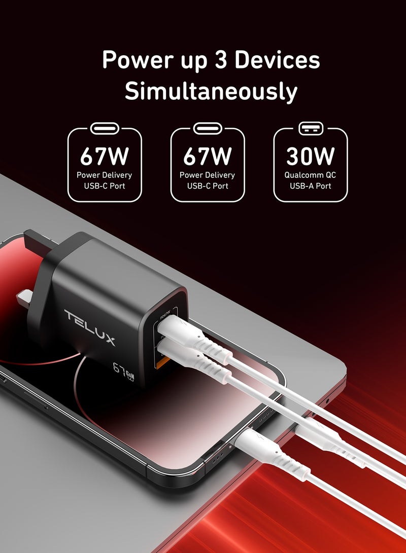 TELUX VOLTFLOW 67W GaN Type-C Wall Charger, 3-Port Charging for Laptop, Tablet & Mobile, Overcharge & Short Circuit Protection, Compact & Universal Compatibility, Black - Image 3