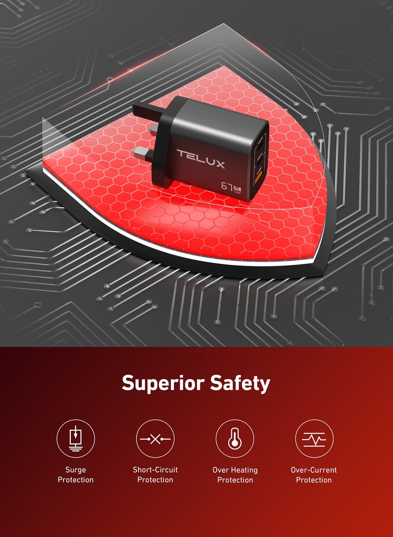 TELUX VOLTFLOW 67W GaN Type-C Wall Charger, 3-Port Charging for Laptop, Tablet & Mobile, Overcharge & Short Circuit Protection, Compact & Universal Compatibility, Black - Image 5