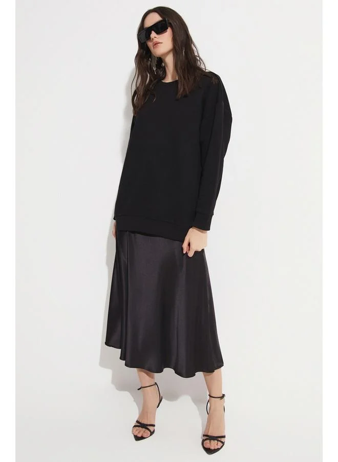 JUNE June Women Cotton Blend Oversize/Wide Fit Crew Neck Basic Knitted Sweatshirt Black