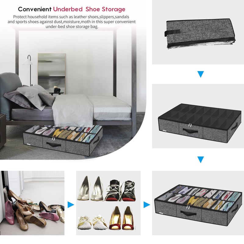Onlyeasy Sturdy Under Bed Shoe Storage Organizer with Handles and Clear Window Fit 16 to 32 Pairs, Premium Foldable Shoes Container Box for Closet, 37.7x 23.6x 5.9 inch, Cotton-like Black, MXBUBS16P2 - Image 5
