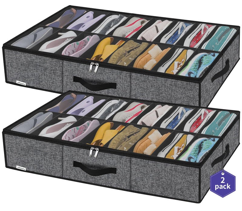 Onlyeasy Sturdy Under Bed Shoe Storage Organizer with Handles and Clear Window Fit 16 to 32 Pairs, Premium Foldable Shoes Container Box for Closet, 37.7x 23.6x 5.9 inch, Cotton-like Black, MXBUBS16P2 - Image 1