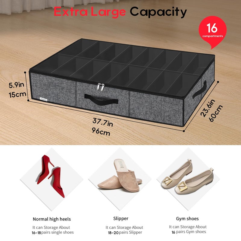 Onlyeasy Sturdy Under Bed Shoe Storage Organizer with Handles and Clear Window Fit 16 to 32 Pairs, Premium Foldable Shoes Container Box for Closet, 37.7x 23.6x 5.9 inch, Cotton-like Black, MXBUBS16P2 - Image 2