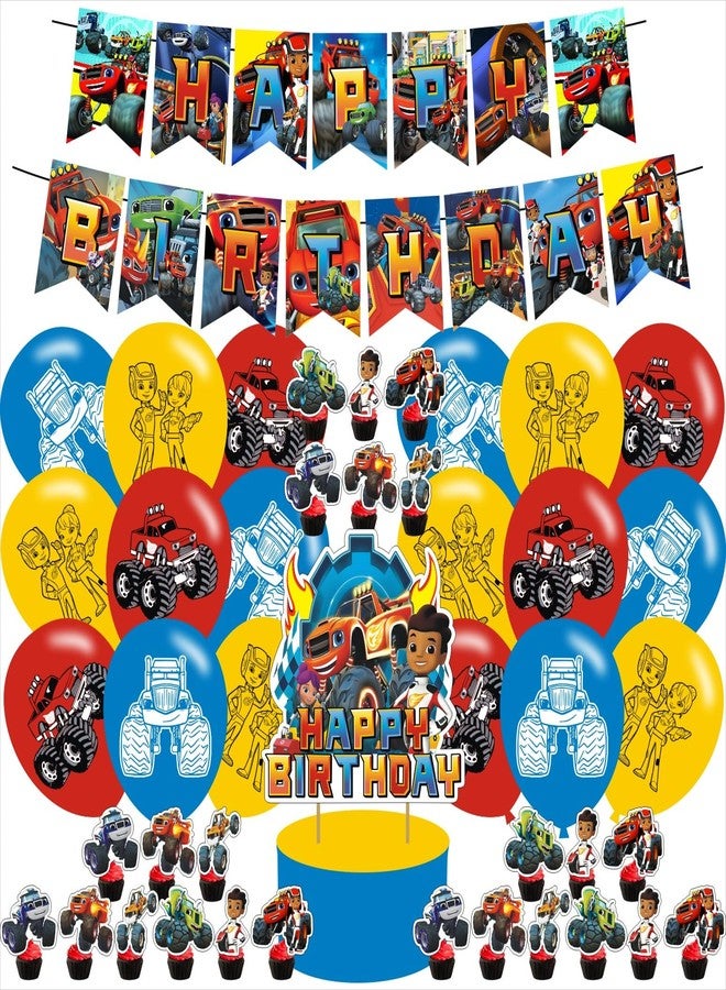 PINUO Blaze and The Monster Themed Birthday Party Supplies Set Happy Birthday Banner, Cake Topper, Cupcake Toppers, Balloons Stickers for Monster Car Kids Party Decorations - Image 1
