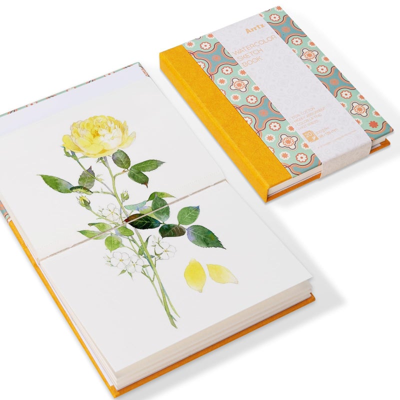 Arrtx Watercolor Journal, 5.35x3.86, 140 LB, 300 GSM, 100% Cotton Paper, Hot Press, 20 Sheets, Hardcover Watercolor Sketchbook for Use As Travel Notebook for Artists Adults Students - Image 1